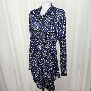 Koos Blue Black Abstract Patterned Long Sleeve Dress Unique Drape Fit Medium